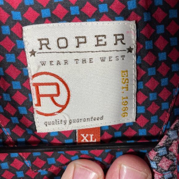 Roper Button Down Western Shirt Men's XL Red/Blue Geometric AOP Long Sleeve - Picture 4 of 10